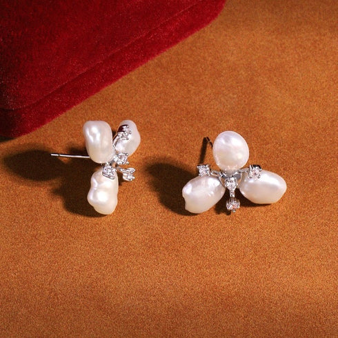 Three-Leaf Flower Keshi Pearl Petal Earrings